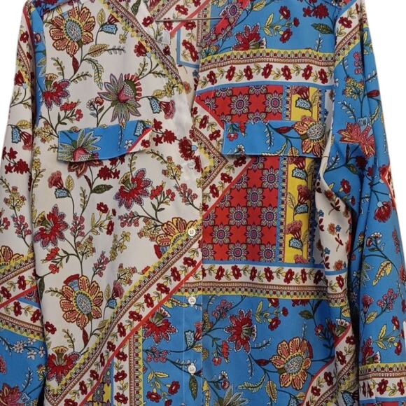 Artsy Colorful‎ Floral V-Neck Button Blouse Top XL Long or 3/4 Roll Tab Sleeves - Picture 5 of 10
